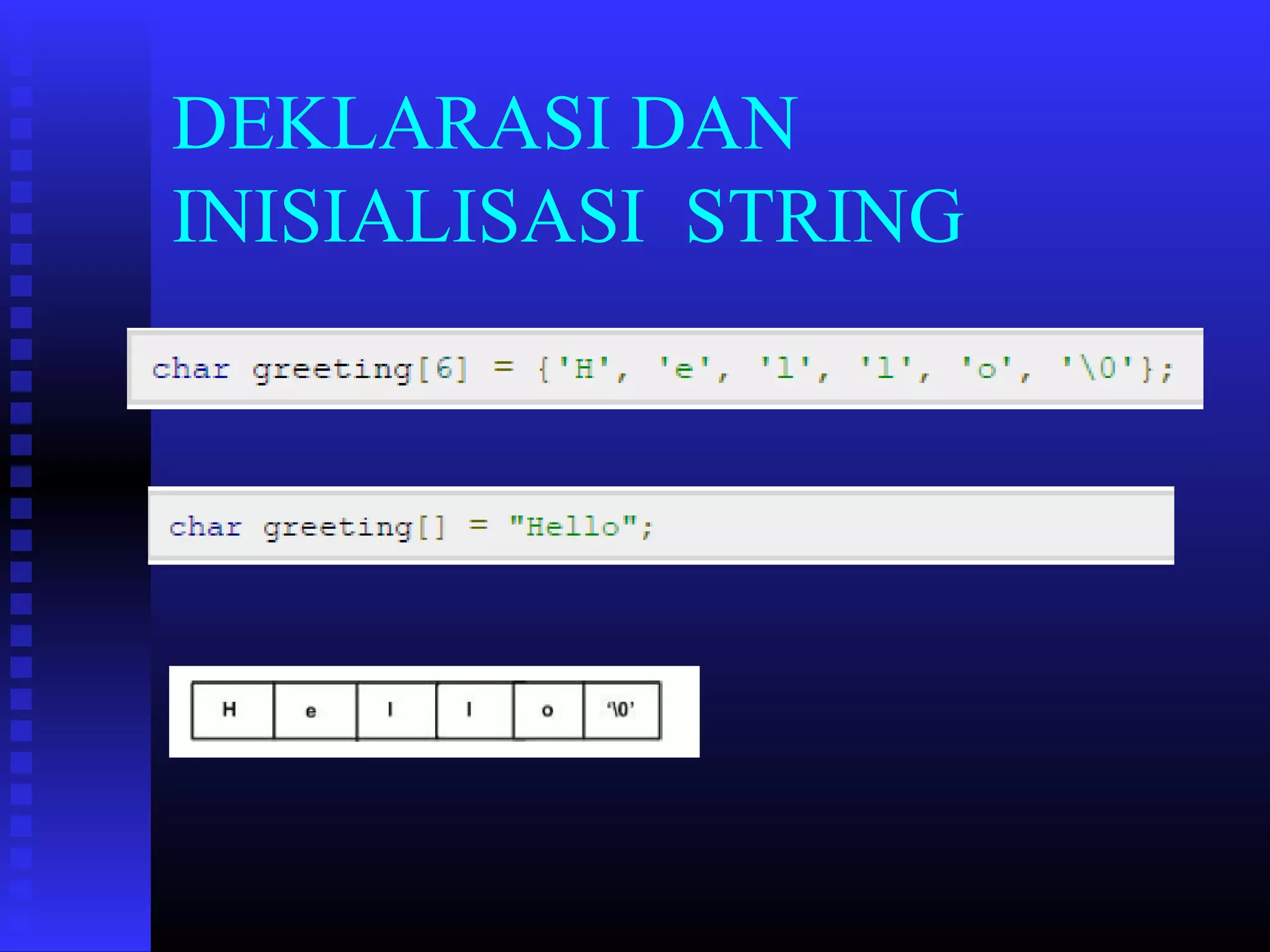 DEKLARASI DAN
INISIALISASI STRING

 