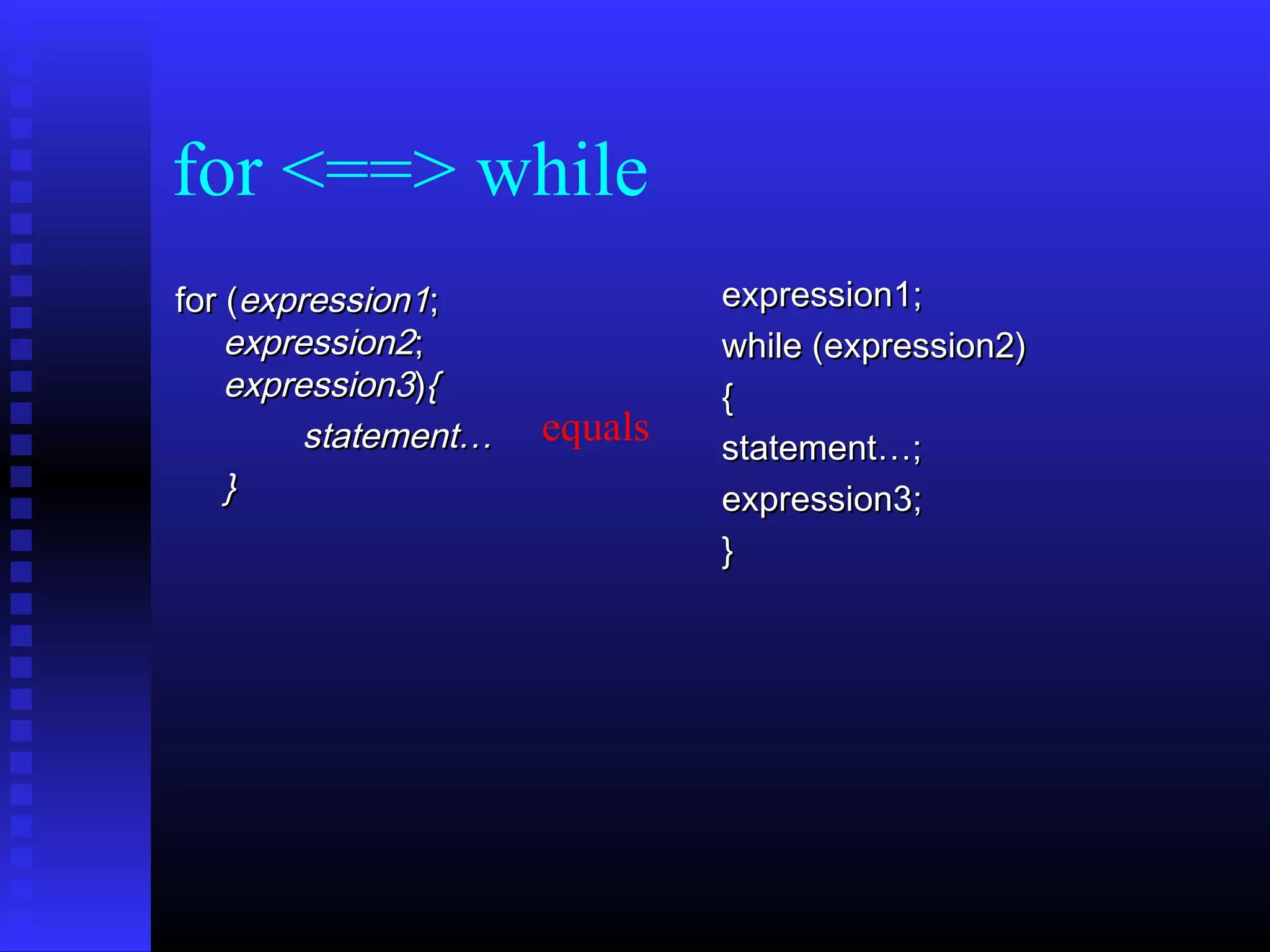 for <==> while
for (expression1;
expression2;
expression3){
statement…
}

equals

expression1;
while (expression2)
{
statement…;
expression3;
}

 