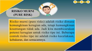 RISIKO MURNI
(PURE RISK)
Risiko murni (pure risks) adalah risiko dimana
kemungkinan kerugian ada, tetapi kemungkinan
keuntungan tidak ada. Jadi kita membicarakan
potensi kerugian untuk risiko tipe ini. Beberapa
contoh risiko tipe ini adalah risiko kecelakaan,
kebakaran, dan semacamnya.
 