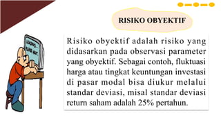 RISIKO OBYEKTIF
Risiko obyektif adalah risiko yang
didasarkan pada observasi parameter
yang obyektif. Sebagai contoh, fluktuasi
harga atau tingkat keuntungan investasi
di pasar modal bisa diukur melalui
standar deviasi, misal standar deviasi
return saham adalah 25% pertahun.
 