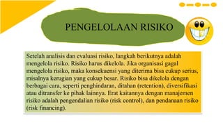 PENGELOLAAN RISIKO
Setelah analisis dan evaluasi risiko, langkah berikutnya adalah
mengelola risiko. Risiko harus dikelola. Jika organisasi gagal
mengelola risiko, maka konsekuensi yang diterima bisa cukup serius,
misalnya kerugian yang cukup besar. Risiko bisa dikelola dengan
berbagai cara, seperti penghindaran, ditahan (retention), diversifikasi
atau ditransfer ke pihak lainnya. Erat kaitannya dengan manajemen
risiko adalah pengendalian risiko (risk control), dan pendanaan risiko
(risk financing).
 