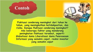 Fluktuasi cenderung meningkat dari tahun ke
tahun, yang meningkatkan ketidakpastian, dan
risiko. Kenapa fluktuasi cenderung meningkat?
Ada beberapa faktor yang mendorong
peningkatan fluktuasi tersebut, seperti:
Globalisasi dunia Liberalisasi dunia Pemrosesan
Informasi yang semakin cepat, reaksi investor
yang semakin cepat
Contoh
 