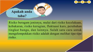 Risiko beragam jenisnya, mulai dari risiko kecelakaan,
kebakaran, risiko kerugian, fluktuasi kurs, perubahan
tingkat bunga, dan lainnya. Salah satu cara untuk
mengelompokkan risiko adalah dengan melihat tipe-tipe
risiko.
Apakah anda
tahu?
 