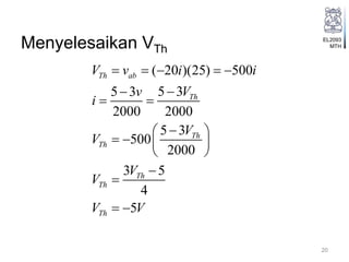 EL2093
MTHMenyelesaikan VTh
20
( 20 )(25) 500
5 35 3
2000 2000
5 3
500
2000
3 5
4
5
Th ab
Th
Th
Th
Th
Th
Th
V v i i
Vv
i
V
V
V
V
V V
    

 
 
   
 


 
 