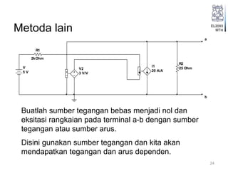 EL2093
MTHMetoda lain
24
Buatlah sumber tegangan bebas menjadi nol dan
eksitasi rangkaian pada terminal a-b dengan sumber
tegangan atau sumber arus.
Disini gunakan sumber tegangan dan kita akan
mendapatkan tegangan dan arus dependen.
R1
2kOhm
R2
25 OhmV2
3 V/V
I1
20 A/A
a
b
V
5 V
 