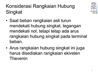 EL2093
MTH
Konsiderasi Rangkaian Hubung
Singkat
• Saat beban rangkaian asli turun
mendekati hubung singkat, tegangan
mendekati nol, tetapi tetap ada arus
rangkaian hubung singkat pada terminal
beban.
• Arus rangkaian hubung singkat ini juga
harus disediakan rangkaian ekivelen
Thevenin
7
 