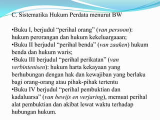 C. Sistematika Hukum Perdata menurut BW

•Buku I, berjudul “perihal orang” (van persoon):
hukum perorangan dan hukum kekeluargaaan;
•Buku II berjudul “perihal benda” (van zaaken) hukum
benda dan hukum waris;
•Buku III berjudul “perihal perikatan” (van
verbintenisen): hukum harta kekayaan yang
berhubungan dengan hak dan kewajiban yang berlaku
bagi orang-orang atau pihak-pihak tertentu
•Buku IV berjudul “perihal pembuktian dan
kadaluarsa” (van bewijs en verjaring), memuat perihal
alat pembuktian dan akibat lewat waktu terhadap
hubungan hukum.
 