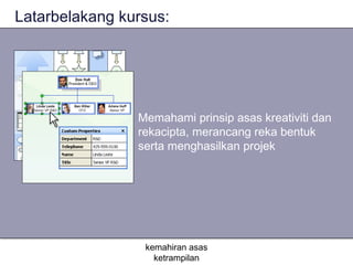 Latarbelakang kursus:




                Memahami prinsip asas kreativiti dan
                rekacipta, merancang reka bentuk
                serta menghasilkan projek




                 kemahiran asas
                   ketrampilan
 