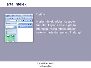 Harta Intelek

                Definisi:

                Harta Intelek adalah sesuatu
                tuntutan kepada hasil ciptaan
                manusia. Harta intelek adalah
                sejenis harta dan perlu dilindungi.




                kemahiran asas
                  ketrampilan
 