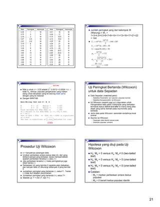 21
W
R
W
W
W
W
W
W
R
W
W
R
W
R
R
1
2
3
4.5
4.5
6
7
8
9
10
11
12
13
14
15
2.25
2.70
2.75
2.97
2.97
3.10
3.15
3.29
3.50
3.60
3.61
3.65
3.68
3.89
3.95
KelompokPeringkatNilai
W
W
R
R
R
W
W
R
R
R
R
R
R
R
R
16
17
18.5
18.5
20
21
22
23
24.5
24.5
26
27
28
29
30
4.01
4.05
4.10
4.10
4.25
4.29
4.53
4.75
4.80
4.80
4.98
5.11
5.50
5.75
6.25
KelompokPeringkatNilai
Jumlah peringkat yang dari kelompok W
(Warung) = W1 =
1+3+4.5+4.5+6+7+8+10+11+13+16+17+21+22
= 144
-3.03
1.24
11239
1.24
12
31*16*14
112
2
16*14
39)min(39,185U
3918516*14
185144
2
15*14
16*14
U
2
1
=
−
=
==
==
==
=−=
=−+=
z
U
U
Uσ
µ
Nilai p untuk z = -3.03 adalah 2 * 0.0012 = 0.0024 < α →
tolak H0. Artinya: populasi pengeluaran uang makan
siang untuk karyawan yang ke warung tidak sama
dengan yang ke restoran
Dengan MINITAB:
Mann-Whitney Test and CI: W, R
W N = 14 Median = 3.445
R N = 16 Median = 4.500
Point estimate for ETA1-ETA2 is -1.065
95.2 Percent CI for ETA1-ETA2 is (-1.700,-0.460)
W = 144.0
Test of ETA1 = ETA2 vs ETA1 not = ETA2 is significant
at 0.0026
The test is significant at 0.0026 (adjusted for ties)
p-value
uji 2 sisi
Uji Peringkat Bertanda (Wilcoxon)
untuk data Sepadan
Data Sepadan (matched pairs):
Statistika Parametrik: Uji t (asumsi: populasi normal)
Statistika Nonparametrik: Uji Wilcoxon
Uji Wilcoxon (seperti juga uji t) digunakan untuk
menganalisis data pada 2 kelompok yang berkaitan,
termasuk kasus before-and-after di mana orang atau
objek yang sama diamati pada dua kondisi yang
berbeda
Jenis data pada Wilcoxon: serendah-rendahnya level
ordinal
Asumsi Uji Wilcoxon
Pasangan data diambil secara acak
Distribusi populasi: simetris
Prosedur Uji Wilcoxon
n = banyaknya pasangan data
Urutkan perbedaan antara kedua data (d), dari yang
terkecil sampai yang terbesar, tanpa memperhatikan
apakah perbedaan tersebut (-) atau (+)
Jika perbedaan tersebut (-) maka peringkatnya juga
diberi tanda (-)
Perbedaan (d) yang bernilai 0 (apabila ada) diabaikan,
dan banyak data (n) dikurangi sebanyak d yang bernilai
0
Jumlahkan peringkat yang bertanda (-), sebut T-. Tanda
(-) tidak ikut didalam perjumlahan
Jumlahkan peringkat yang bertanda (+), sebut T+.
Statistik uji: T = min (T- dan T+)
Hipotesa yang diuji pada Uji
Wilcoxon
H0: Md = 0 versus Ha: Md ≠ 0 (two-tailed
test)
H0: Md = 0 versus Ha: Md > 0 (one-tailed
test)
H0: Md = 0 versus Ha: Md < 0 (one-tailed
test)
Catatan:
Md = median perbedaan antara kedua
populasi
Md = 0 berarti kedua populasi identik
 