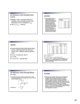 22
Uji Wilcoxon untuk Sampel Kecil
(n<15)
Dengan n dan α, gunakan Tabel A14
(tersedia untuk one-tailed test dan two-
tailed test) untuk mendapatkan Tkritis.
Jika T < Tkritis → tolak H0.
Contoh
Seorang peneliti melakukan
survey mengenai biaya
pemeliharaan kesehatan yang
dikeluarkan oleh keluarga di
kota A dan B. Peneliti tersebut
mengambil enam pasang
keluarga yang dipadankan
secara demografis di kota A
dan B. Dari keenam pasang
keluarga tersebut dicatat biaya
pemeliharaan kesehatan pada
tahun yang lalu (dalam USD).
Dengan menggunakan α =
0.05, lakukan pengujian untuk
menentukan apakah ada
perbedaan signifikan di dalam
pengeluaran biaya kesehatan
di antara kedua kota tersebut
1760
1870
1810
1660
1340
1765
1950
1840
2015
1580
1790
1925
1
2
3
4
5
6
BAPasangan
keluarga
Jawab
Karena populasi tidak dapat diasumsikan
normal, maka digunakan Uji Wilcoxon
(bukan uji t), meskipun datanya berlevel
rasio
H0: Md = 0 versus Ha: Md ≠ 0
α = 0.05.
n = 6 (< 15) → sampel kecil
+4
-1
+5
-2
+6
+3
+190
-30
+205
-80
+450
+160
1760
1870
1810
1660
1340
1765
1950
1840
2015
1580
1790
1925
1
2
3
4
5
6
Pering-
kat
Perbe-
daan d
BAKel
T+ = 4+5+6+3 = 18
T- = 1+2 = 3
T = min (T- dan T+) = min (18 dan 3) = 3
n = 6, α = 0.05 → (Tabel A14, two-tailed test) Tkritis = 1.
Karena T>Tkritis maka pertahankan H0. Artinya tidak
cukup bukti bahwa pengeluaran biaya kesehatan di
kedua kota berbeda
Uji Wilcoxon untuk Sampel Besar
(n >15)
Untuk sampel besar distribusi sampling untuk T akan
mendekati distribusi normal dengan rata-rata dan deviasi
standar sebagai berikut:
Statistik uji:
24
)12)(1(
4
)1(
++
=
+
=
nnn
nn
T
T
σ
µ
T
TT
z
σ
µ−
=
Contoh
Sebuah perusahaan berupaya meningkatkan
produktivitas dengan menerapkan kontrol
kualitas. Untuk meneliti apakah penerapan
kontrol kualitas tersebut memang berhasil
meningkatkan produksi, diambil sampel dari 20
pekerja dan dicatat produksi dari masing-masing
pekerja sebelum dan sesudah penerapan
kontrol kualitas tersebut. Gunakan Uji Wilcoxon
dan α = 0.01 untuk membuktikan apakah kontrol
kualitas tersebut memang berhasil
meningkatkan produksi.
 