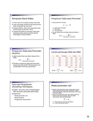 28
Komposisi Deret Waktu
Trend: arah umum jangka panjang suatu data
Cycle: pola tinggi rendahnya data pada periode
waktu yang lebih dari satu tahun
Seasonal effects: siklus data yang terjadi pada
periode waktu kurang dari 1 tahun
Irregular fluctuations: perubahan cepat pada
data pada selang waktu jauh lebih pendek
dibandingkan seasonal effects
Pengukuran Galat pada Peramalan
Galat peramalan individual:
et = galat pada peramalam
xt = nilai aktual
Ft = nilai peramalan
Deviasi Mutlak Rata-rata (Mean Absolute Deviation =
MAD):
ttt Fxe −=
peramalanbanyaknya
e
MAD i∑=
Pengukuran Galat pada Peramalan
(lanjutan)
Galat Kuadrat Rata-rata (Mean Square Error =
MSE):
Pemilihan pengukuran galat pada peramalan
bergantung pada peneliti. Masing-masing cara
menghasilkan informasi yang berbeda.
peramalanbanyaknya
e
MSE i∑=
2
Contoh perhitungan MAD dan MSE
94.621.5Jumlah
47.66.96.928.635.56
10.93.33.325.929.25
4.02.02.024.826.84
4.02.02.022.024.03
20.34.54.519.123.62
7.82.82.816.619.41
e2abs(e)ei
PeramalanAktuali
6.3
6
5.21
==MAD 8.15
6
6.94
==MSE
Cara-cara Penghalusan
(Smoothing Techniques)
adalah cara-cara untuk menghilangkan
efek tak teratur pada data deret waktu.
antara lain:
Model peramalan naif
Model Perataan
Penghalusan eksponensial
Model peramalan naif
Adalah model sederhana yang menggunakan asumsi
bahwa data pada periode waktu yang lebih mutakhir
merepresentasikan prediksi atau peramalan untuk masa
yang akan datang.
Cocok untuk data deret waktu yang selang waktunya
adalah harian atau mingguan, atau yang tidak
menunjukkan trend atau seasonality.
Ft = nilai peramalan untuk periode waktu t
xt-1 = nilai untuk periode waktu t-1
1−= tt xF
 