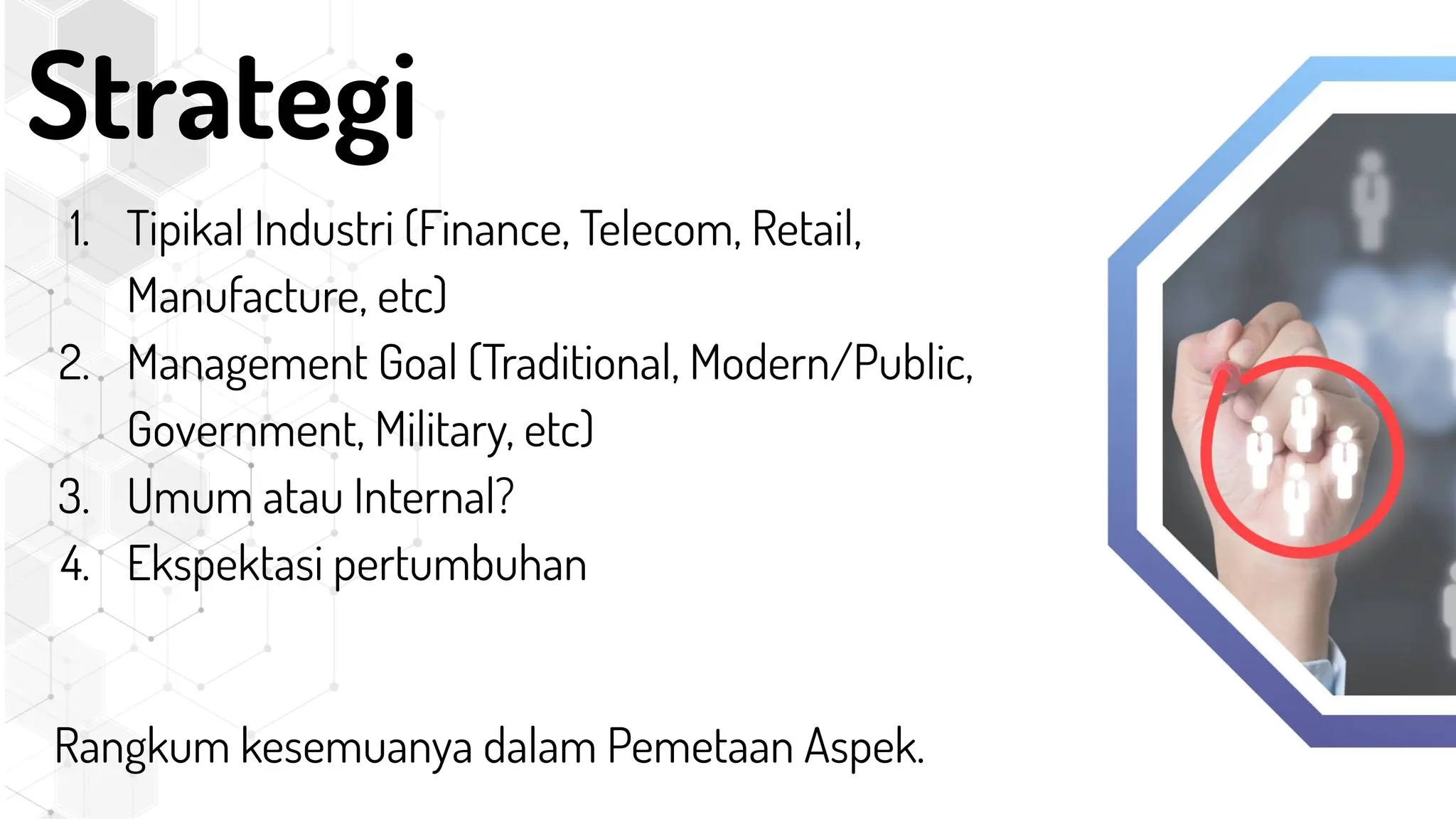 1. Tipikal Industri (Finance, Telecom, Retail,
Manufacture, etc)
2. Management Goal (Traditional, Modern/Public,
Government, Military, etc)
3. Umum atau Internal?
4. Ekspektasi pertumbuhan
Rangkum kesemuanya dalam Pemetaan Aspek.
Strategi
 