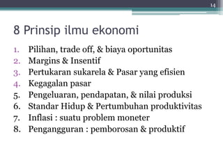8 Prinsip ilmu ekonomi 
1. Pilihan, trade off, & biaya oportunitas 
2. Margins & Insentif 
3. Pertukaran sukarela & Pasar yang efisien 
4. Kegagalan pasar 
5. Pengeluaran, pendapatan, & nilai produksi 
6. Standar Hidup & Pertumbuhan produktivitas 
7. Inflasi : suatu problem moneter 
8. Pengangguran : pemborosan & produktif 
14 
 