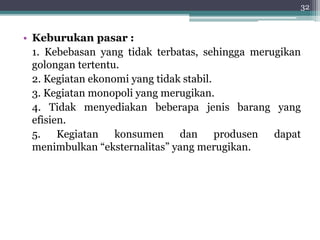 32 
• Keburukan pasar : 
1. Kebebasan yang tidak terbatas, sehingga merugikan 
golongan tertentu. 
2. Kegiatan ekonomi yang tidak stabil. 
3. Kegiatan monopoli yang merugikan. 
4. Tidak menyediakan beberapa jenis barang yang 
efisien. 
5. Kegiatan konsumen dan produsen dapat 
menimbulkan “eksternalitas” yang merugikan. 
 