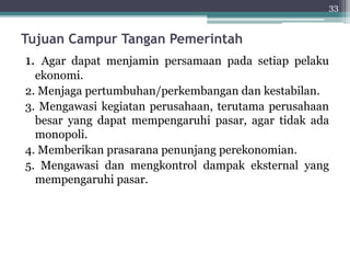 33 
Tujuan Campur Tangan Pemerintah 
1. Agar dapat menjamin persamaan pada setiap pelaku 
ekonomi. 
2. Menjaga pertumbuhan/perkembangan dan kestabilan. 
3. Mengawasi kegiatan perusahaan, terutama perusahaan 
besar yang dapat mempengaruhi pasar, agar tidak ada 
monopoli. 
4. Memberikan prasarana penunjang perekonomian. 
5. Mengawasi dan mengkontrol dampak eksternal yang 
mempengaruhi pasar. 
 