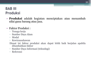 BAB III 
Produksi 
• Produksi adalah kegiatan menciptakan atau menambah 
nilai guna barang atau jasa. 
• Faktor Produksi : 
▫ Tenaga kerja 
▫ Sumber Daya Alam 
▫ Modal 
▫ Kewirausahawan 
Disaat ini faktor produksi akan dapat lebih baik berjalan apabila 
ditambahkan faktor 
▫ Sumber Daya Informasi (teknologi) 
▫ Referensi 
35 
 