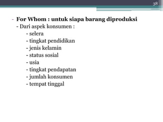 - For Whom : untuk siapa barang diproduksi 
- Dari aspek konsumen : 
- selera 
- tingkat pendidikan 
- jenis kelamin 
- status sosial 
- usia 
- tingkat pendapatan 
- jumlah konsumen 
- tempat tinggal 
38 
 
