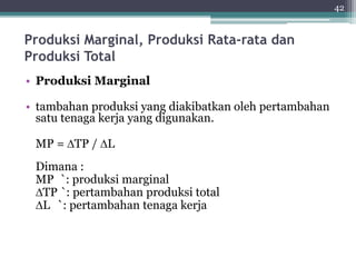 Produksi Marginal, Produksi Rata-rata dan 
Produksi Total 
• Produksi Marginal 
• tambahan produksi yang diakibatkan oleh pertambahan 
satu tenaga kerja yang digunakan. 
MP = TP / L 
Dimana : 
MP `: produksi marginal 
TP `: pertambahan produksi total 
L `: pertambahan tenaga kerja 
42 
 