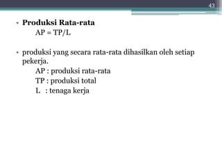 • Produksi Rata-rata 
AP = TP/L 
• produksi yang secara rata-rata dihasilkan oleh setiap 
pekerja. 
AP : produksi rata-rata 
TP : produksi total 
L : tenaga kerja 
43 
 