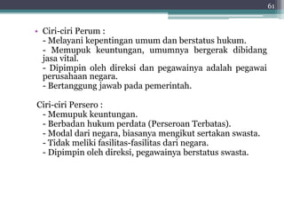 • Ciri-ciri Perum : 
- Melayani kepentingan umum dan berstatus hukum. 
- Memupuk keuntungan, umumnya bergerak dibidang 
jasa vital. 
- Dipimpin oleh direksi dan pegawainya adalah pegawai 
perusahaan negara. 
- Bertanggung jawab pada pemerintah. 
Ciri-ciri Persero : 
- Memupuk keuntungan. 
- Berbadan hukum perdata (Perseroan Terbatas). 
- Modal dari negara, biasanya mengikut sertakan swasta. 
- Tidak meliki fasilitas-fasilitas dari negara. 
- Dipimpin oleh direksi, pegawainya berstatus swasta. 
61 
 