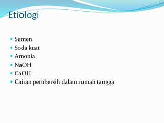 Etiologi
 Semen
 Soda kuat
 Amonia
 NaOH
 CaOH
 Cairan pembersih dalam rumah tangga
 