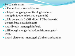 Penatalaksanaan
 1. Pemeriksaan kertas lakmus .
 2.Irigasi dengan garam fisiologik selama
mungkin (2000 ml selama ±30menit)
 3.Bila penyebab CaOH diberi EDTA (bereaksi
dengan basa pada jaringan)
 4.Antibiotik mencegah infeksi.
 5.Siklopegi mengistirahatkan iris, mengatasi
iritis.
 6.Anti glaukoma mencegah glaukoma sekunder
 