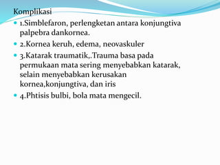 Komplikasi
 1.Simblefaron, perlengketan antara konjungtiva
palpebra dankornea.
 2.Kornea keruh, edema, neovaskuler
 3.Katarak traumatik,.Trauma basa pada
permukaan mata sering menyebabkan katarak,
selain menyebabkan kerusakan
kornea,konjungtiva, dan iris
 4.Phtisis bulbi, bola mata mengecil.
 