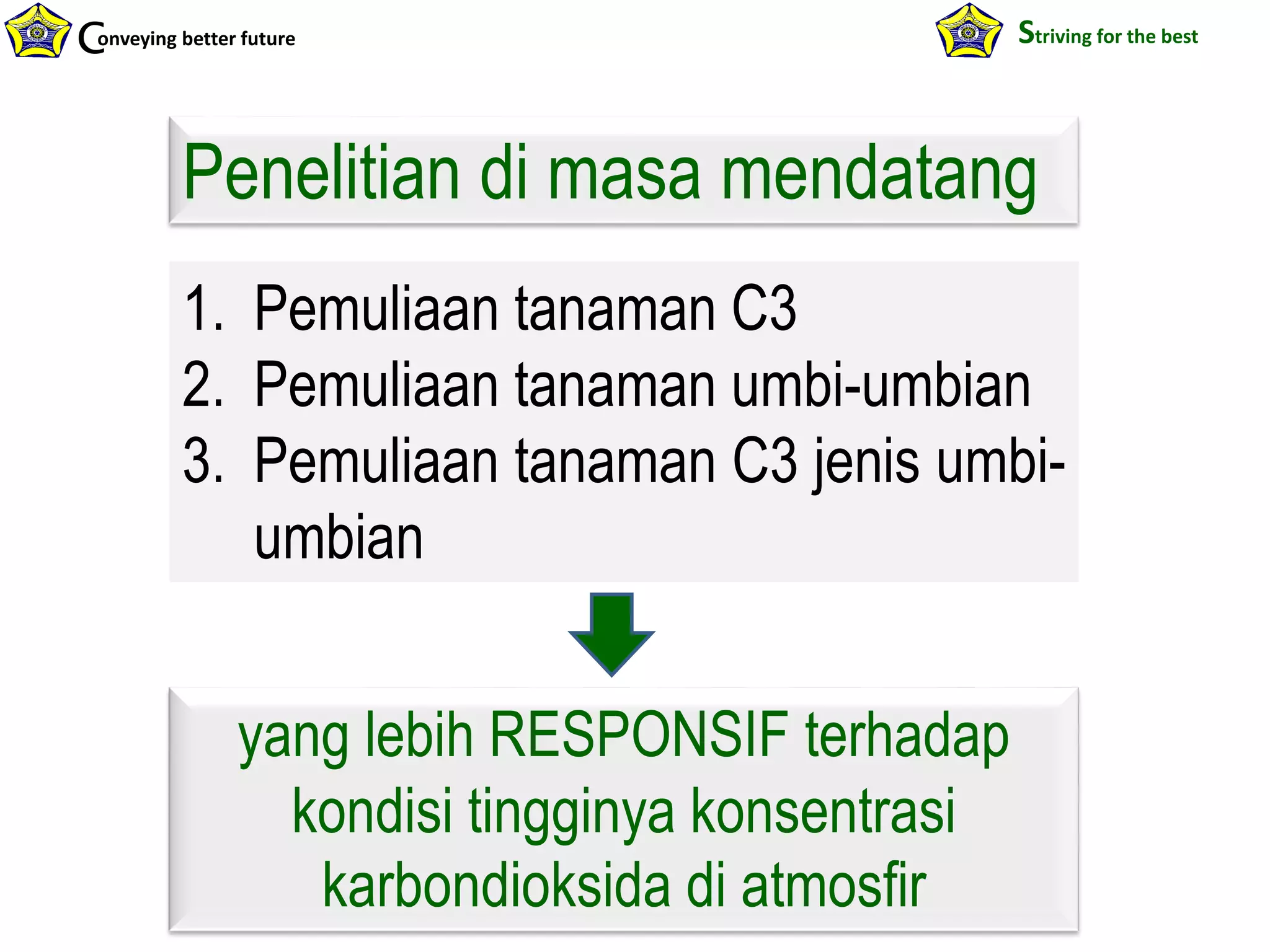 onveying better futureC Striving for the best
Penelitian di masa mendatang
1. Pemuliaan tanaman C3
2. Pemuliaan tanaman umbi-umbian
3. Pemuliaan tanaman C3 jenis umbi-
umbian
yang lebih RESPONSIF terhadap
kondisi tingginya konsentrasi
karbondioksida di atmosfir
 