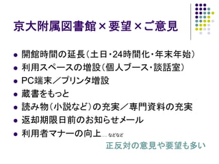 京大附属図書館×要望×ご意見

開館時間の延長（土日・24時間化・年末年始）
利用スペースの増設（個人ブース・談話室）
PC端末／プリンタ増設
蔵書をもっと
読み物（小説など）の充実／専門資料の充実
返却期限日前のお知らせメール
利用者マナーの向上…. などなど
          正反対の意見や要望も多い
 