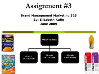 Assignment #3   Brand Management Marketing 325 By: Elizabeth Kulin June 2009 PARENT   BRAND BRAND  EXTENSION BRAND  EXTENSION BRAND  EXTENSION 