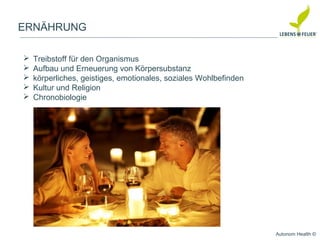 Autonom Health ©
ERNÄHRUNG
 Treibstoff für den Organismus
 Aufbau und Erneuerung von Körpersubstanz
 körperliches, geistiges, emotionales, soziales Wohlbefinden
 Kultur und Religion
 Chronobiologie
 