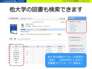 15分で京大図書館ことはじめ。
他大学の図書も検索できます
1. KULINEを使いこなす
18
他大学の資料やコピーの取寄せ
（有料）、訪問利用もできます。
図書館カウンターでご相談を！
 