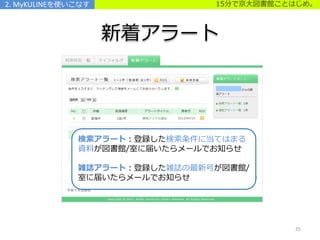 15分で京大図書館ことはじめ。
新着アラート
2. MyKULINEを使いこなす
検索アラート：登録した検索条件に当てはまる
資料が図書館/室に届いたらメールでお知らせ
雑誌アラート：登録した雑誌の最新号が図書館/
室に届いたらメールでお知らせ
25
 