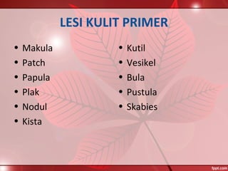 LESI KULIT PRIMER
• Makula
• Patch
• Papula
• Plak
• Nodul
• Kista
• Kutil
• Vesikel
• Bula
• Pustula
• Skabies
 
