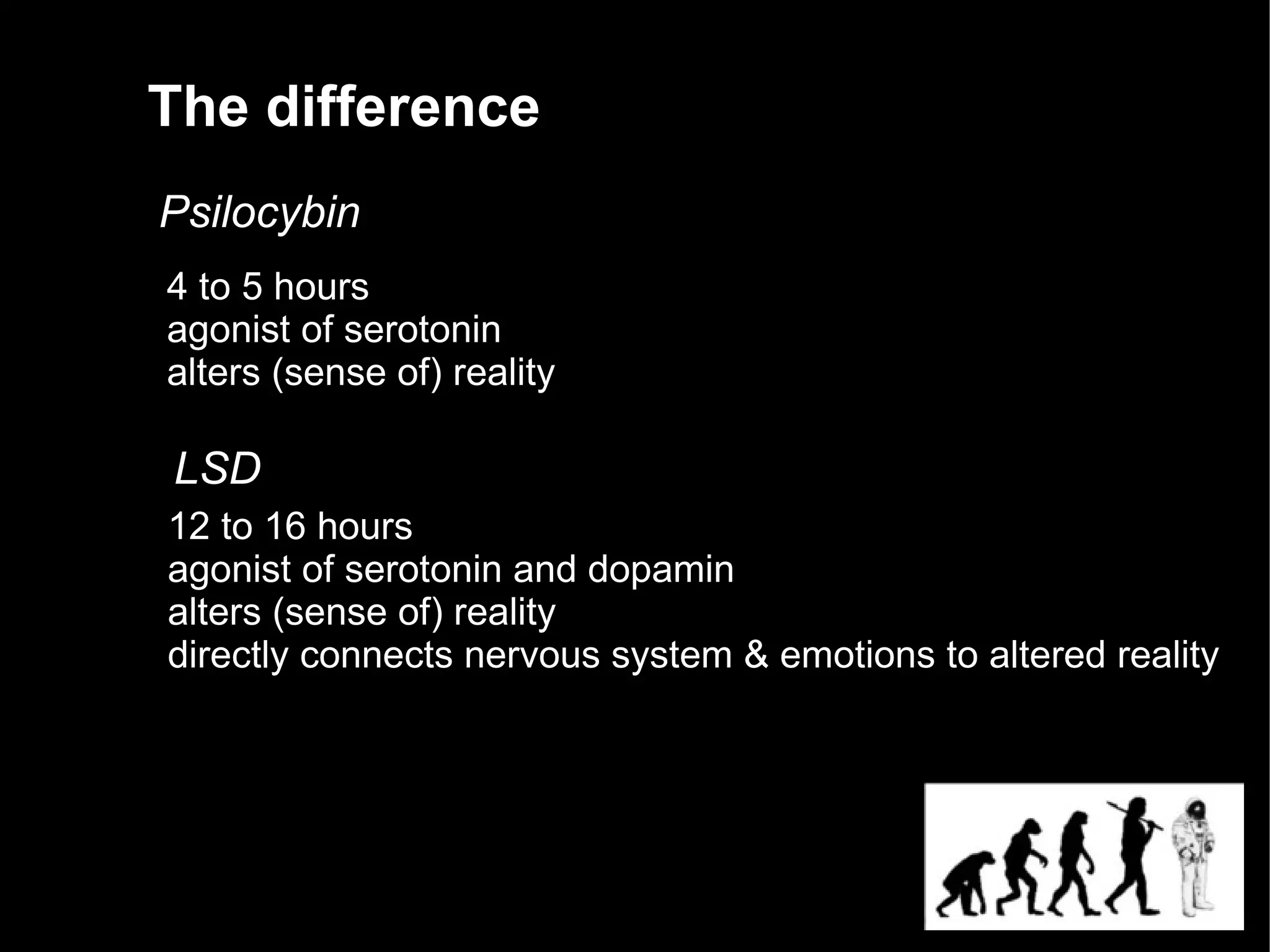 The difference
Psilocybin
4 to 5 hours
agonist of serotonin
alters (sense of) reality

LSD
12 to 16 hours
agonist of serotonin and dopamin
alters (sense of) reality
directly connects nervous system & emotions to altered reality
 