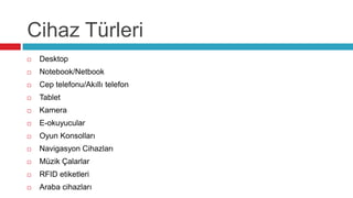 Cihaz Türleri
   Desktop
   Notebook/Netbook
   Cep telefonu/Akıllı telefon
   Tablet
   Kamera
   E-okuyucular
   Oyun Konsolları
   Navigasyon Cihazları
   Müzik Çalarlar
   RFID etiketleri
   Araba cihazları
 