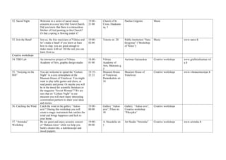 52. Sacral Night Welcome to a series of sacral music
concerts in a cosy tiny Old Town Church.
Did you know that there is a miraculous
Mother of God painting in this Church?
Or that a spring is flowing under it?
19:00 -
21:00
Church of St.
Cross, Daukanto
sq. 1
Paulius Grigonis Music
53. Join the Band! Join us, the free musicians of Vilnius and
let’s make a band! If you know at least
how to clap, you are good enough to
make music with us! All the rest you can
learn from us.
19:00 -
02:00
Totoriu str. 20 Public Institution “Natu
knygynas” (“Bookshop
of Notes”)
Music www.natos.lt
Creative workshops
54. TBD Lab An interactive project of Vilnius
Academy of Arts, graphic design studio.
18:00 -
01:00
Vilnius
Academy of
Arts, Maironio g.
3
Aurimas Gaizauskas Creative workshops www.grafinisdizainas.vd
a.lt
55. “Swaying on the
Hill”
You are welcome to spend the “Culture
Night” in a cosy atmosphere at the
Museum House of Venclovai. You might
want to play table games and chess, or
read poetry and prose. Or maybe you will
be in the mood for scientific literature or
the magazine “Soviet Woman”? We are
sure that on “Culture Night” in our
museum you will meet many interesting
conversation partners to share your ideas
and stories.
19:19 -
22:22
Museum House
of Venclovai,
Pamenkalnio str.
34
Museum House of
Venclovai
Creative workshops www.vilniausmuziejai.lt
56. Catching the Wind Catch the wind in the gallery “Aukso
avis”! During this workshop you will
create a magic instrument that catches the
wind and brings happiness and luck to
your home.
19:00 -
00:00
Gallery “Aukso
avis“, Pilies str.
38
Gallery “Aukso avis”,
Creative workshop
“Pika pika”
Creative workshops
57. “Artoteka”
Workshop
Be our guest and enjoy acoustic concert
of “Baltasis kiras“ while we help you
build a dream kite, a kaleidoscope and
mood puppets.
19:00 -
00:00
A. Strazdelio str.
1
Art Studio “Artoteka” Creative workshops www.artoteka.lt
 