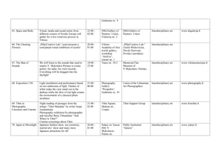 Gedimino av. 4
65. Space and Body Visual, media and sound artists from
different corners of Nordic Europe will
gather for a live creativity process in
Vilnius.
22:00 -
02:00
DSG/Gallery of
Painters’ Union,
Vokiecių str. 2
DSG/Gallery of
Painters’ Union
Interdisciplinary art www.dsgalerija.lt
66. The Cheating
Flowers
„PHp/Creative Lab.“ team presents a
conceptual-visual exhibition of scents!
20:00 -
01:00
Vilnius
Academy of Arts
textile gallery,
workshop
“ArtiFex“,
Gaono str. 1
„PHp/Creative Lab.“
(Aistis Mickevicius,
Dovile Dzervute,
Povilas Laurinkus)
Interdisciplinary art
67. The Man of
Sounds
We will listen to the sounds that used to
inspire V. Mykolaitis-Putinas to create:
poetry, his radio, his vinyl records...
Everything will be dragged into the
daylight!
18:00 -
23:00
Tauro str. 10-3 Memorial Flat-
Museum of
V.Mykolaitis -Putinas
Interdisciplinary art www.vilniausmuziejai.lt
68. Exposition 1/30 Light installation and performance based
on two anthonims of light. Flashes of
white make the view stand out in the
darknes while the flow of red light creates
the environment of a classical photo
incubator.
21:00 -
00:00
Photography
Gallery
“Prospekto”,
Gedimino av. 43
Union of the Lithuanian
Art Photographers
Interdisciplinary art www.photography.lt
69. Tibet in
Photography,
Literature and Cinema
Night reading of passages from the
trilogy “Tibet Mandala“ by writer Jurga
Ivanauskaite.
Photography exhibition by photographer
and traveller Berta Tilmantaite “And
Where Is Tibet?”
Cinema screenings about Tibet.
21:00 -
02:00
Tibet Square,
Malunu str.,
Uzupis
Tibet Support Group Interdisciplinary art www.freetibet.lt
70. Japan in Moonlight Japanese fashion show, tea ceremony,
martial arts’ show and many more
Japanese attractions for all!
20:00 -
01:00
Palace on Tauras
Hill, V.
Mykolaicio-
Putino str.
Public Institution
“Jukaris”
Interdisciplinary art www.yukari.lt
 