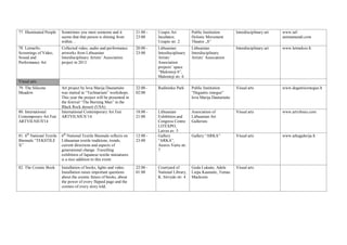 77. Illuminated People Sometimes you meet someone and it
seems that that person is shining from
within…
21:00 -
23:00
Uzupis Art
Incubator,
Uzupio str. 2
Public Institution
Holistic Movement
Theatre „S“
Interdisciplinary art www.iaf-
animamundi.com
78. Letmefix:
Screenings of Video,
Sound and
Performance Art
Collected video, audio and performance
artworks from Lithuanian
Interdisciplinary Artists’ Association
project in 2013.
20:00 -
23:00
Lithuanian
Interdisciplinary
Artists’
Association
projects’ space
“Malonioji 6”,
Malonioji str. 6
Lithuanian
Interdisciplinary
Artists’ Association
Interdisciplinary art www.letmekoo.lt
Visual arts
79. The Silicone
Meadow
Art project by Ieva Marija Dautartaite
was started in “Technarium” workshops.
This year the project will be presented in
the festival “The Burning Man” in the
Black Rock dessert (USA).
22:00 -
02:00
Rudininku Park Public Institution
“Degantis zmogus”
Ieva Marija Dautartaite
Visual arts www.degantiszmogus.lt
80. International
Contemporary Art Fair
ARTVILNIUS'14
International Contemporary Art Fair
ARTVILNIUS’14.
18:00 -
21:00
Lithuanian
Exhibition and
Congress Centre
LITEXPO,
Laives av. 5
Association of
Lithuanian Art
Gallerists
Visual arts www.artvilnius.com
81. 6th
National Textile
Biennale “TEKSTILE
X”
6th
National Textile Biennale reflects on
Lithuanian textile traditions, trends,
current directions and aspects of
generational change. Travelling
exhibition of Japanese textile miniatures
is a nice addition to this event.
12:00 -
23:00
Gallery
“ARKA”,
Ausros Vartu str.
7
Gallery “ARKA” Visual arts www.arkagalerija.lt
82. The Cosmic Book Installation of books, lights and video.
Installation raises important questions
about the cosmic future of books, about
the power of every flipped page and the
cosmos of every story told.
22:00 -
01:00
Courtyard of
National Library,
K. Sirvydo str. 4
Goda Lukaite, Adele
Liepa Kaunaite, Tomas
Mackonis
Visual arts
 