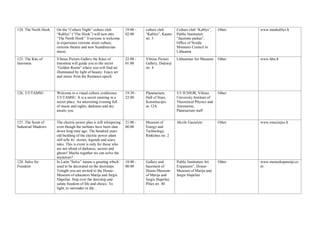 124. The North Hook On the “Culture Night” culture club
“Kablys” (“The Hook”) will turn into
“The North Hook”. Everyone is welcome
to experience extreme street culture,
extreme theatre and new Scandinavian
music.
19:00 -
02:00
culture club
“Kablys”, Kauno
str. 5
Culture club “Kablys”,
Public Institution
“Jaunimo parkas”,
Office of Nordic
Ministers Council in
Lithuania
Other www.mankablys.lt
125. The Kite of
Insomnia
Vilnius Picture Gallery the Kites of
Insomnia will guide you to the secret
“Golden Room” where you will find art
illuminated by light of beauty. Enjoy art
and music from the Romance epoch.
22:00 -
01:00
Vilnius Picture
Gallery, Didzioji
str. 4
Lithuanian Art Museum Other www.ldm.lt
126. 5/5/TAMSU Welcome to a visual culture conference
5/5/TAMSU. It is a secret meeting in a
secret place. An interesting evening full
of music and sights, darkness and sky
awaits you.
19:30 -
22:00
Planetarium,
Hall of Stars,
Konstitucijos
av.12A
5/5 JUNIOR, Vilnius
University Institute of
Theoretical Physics and
Astronomy,
Planetarium staff
Other
127. The Scent of
Industrial Shadows
The electric power plan is still whispering
even though the turbines have been shut
down long time ago. The hundred years
old building of the electric power plant
still tells its’ stories, legends and scary
tales. This is event is only for those who
are not afraid of darkness, secrets and
ghosts! Maybe together we can solve the
mysteries?
21:00 -
00:00
Museum of
Energy and
Technology,
Rinktines str. 2
Akvile Gasiulyte Other www.emuziejus.lt
128. Salve for
Freedom
In Latin “Salve” means a greeting which
used to be decorated on the doorsteps.
Tonight you are invited to the House-
Museum of educators Marija and Jurgis
Slapeliai. Step over the doorstep and
salute freedom of life and choice. To
fight, to surrender or die...
18:00 -
00:00
Gallery and
basement of
House-Museum
of Marija and
Jurgis Slapeliai,
Pilies str. 40
Public Institution Art
Expansion”, House-
Museum of Marija and
Jurgis Slapeliai
Other www.menoekspansija.co
m
 