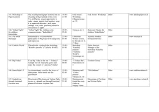 141. Workshop of
Paper Lanterns
The art of Japanese paper lanterns and art
of cutting will get united in this event.
You will have a unique opportunity to
make a paper lantern from bamboo, wrap
it in paper and decorate it with paper
cuttings. And, voila, you have yourself a
cosy source of light!
18:00 -
21:00
Folk Artists’
Workshop,
J.Basanaviciaus
str. 29
Folk Artists’ Workshop Other www.klaidaspapercuts.lt
142. “Cultur Night“
for children:
KukuMuku
“Cultur Night“ for children in the
restaurant-theatre “KukuMuku”!
18:00 -
22:00
Vokieciu str. 6 Restorant-Theatre for
children “KukuMuku”
Other
143. The Black
Rectangle
Surrounded by two installations
participants of the project will read poetry
and improvise.
23:00 -
01:00
Lithuanian
Writers’ Union,
K. Sirvydo str. 6,
1st
floor
Vytautas Stankus,
Donatas Petrosius
Other www.rasytojai.lt
144. Catholic World Untraditional evening in the bookshop
“Katalikų pasaulis” (“Catholic World”).
19:00 -
01:00
Bookshop
“Katalikų
pasaulis”
(“Catholic
World”),
Sventaragio str.
4.
Daiva Anuzyte,
Manager of the
bookshop “Kataliku
pasaulis”
Other
145. Big Friday! It’s a Big Friday at the bar “7 Fridays“!
Tonight we will play table games and
enjoy the concert of Laurynas Valatka!
19:00 -
00:00
“7 Fridays Bar”,
Pranciskonu str.
3
Eventum Group Other
146. GameNight.LT An extraordinary event for the lovers of
table games. Good mood and fun
guaranteed!
19:00 -
02:00
Shopping mall
“Centro
pasazas”,
Vilniaus str. 10
“D6 Zaidimai” Other www.zaidimuvakaras.lt
147. Guided tour
through historical
Pavilniai area
Directorate of Pavilniai and Verkiai Parks
invites to a guided tour through historical
places of Pavilniai Regional Park.
18:00 -
21:00
Meeting point –
Geniu Bus stop,
Parko str.,
Naujoji Vilnia
Directorate of Pavilniai
and Verkiai Parks
Other www.pavilniai-verkiai.lt
 