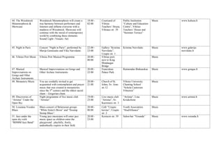44. The Woodstock
Metamorphosis &
Showcase
Woodstock Metamorphosis will create a
true harmony between performers and
listeners and inflame everyone with a
madness of Woodstock. Showcase will
continue with the mood of contemporary
world by combining these elements:
Sound| Light | Visuals | Set.
18:00 -
02:00
Courtyard of
Vilnius
Teachers’ House,
Vilniaus str. 39
Public Institution
“Culture and Education
Centre”, Vilnius
Teachers’ House and
“Summer Terrace”
Music www.kultura.lt
45. Night in Paris Concert “Night in Paris“, performed by
Marija Geniusaite and Vika Narvidaite.
22:00 -
23:00
Gallery “Kristina
Norvilaite”,
Uzupio str. 1
Kristina Norvilaite Music www.galerija-
norvilaite.lt
46. Vilnius Port Music Vilnius Port Musical Programme 20:00 -
00:00
Vilnius port,
next to King
Mindaugas
Bridge
Music
47. Musical
Improvisations on
Gongs and Other
Archaic Instruments
Musical Improvisations on Gongs and
Other Archaic Instruments
20:00 -
22:00
Franciskan
Palace Park
Raimondas Binkauskas Music www.gongas.lt
48. Monastery Music You are cordially invited to get
acquainted with contemplation and prayer
music that was created in monasteries
since the 5th
century and the oldest sacral
chant – Gregorian chant.
20:00 -
21:00
Church of St.
Johns, Sv. Jono
str.12
Vilnius University
Chanting School
“Schola Cantorum
Vilnensis”
Music
49. Discoveries of
“Artistai” Under the
Open Sky
Night programme of live music club
“Artistai“.
19:00 -
23:00
Live music club
“Artistai”, Sv.
Kazimiero str. 3
“Artistai“, Lina
Kriukeliene
Music www.artistai.lt
50. Lousiana Voodoo
Blues
Blues concert of Belarusian groups
“White Sister's Bross” and “Swamp
Stomp Blues”.
20:00 -
00:00
Café “Uzupio
kavine”, Uzupio
str. 2
Youth Association
“StudAlliance”
Music
51. Jazz under the
open sky with
“BDMM Jazz Band”
Young jazz musicians will enter jazz
music space as children enter the
playground: playfully, freely,
undoubtedly experts in their field.
20:00 -
23:00
Kestucio str. 39 Salon-bar “Veranda” Music www.veranda.lt
 