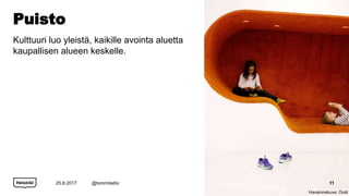 Puisto
Kulttuuri luo yleistä, kaikille avointa aluetta
kaupallisen alueen keskelle.
25.8.2017 @tommilaitio 11
Havainnekuva: Oodi
 