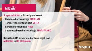 MISSÄ?
Sosped-säätiön kulttuuripajoja ovat
§ Kajaanin kulttuuripaja MARILYN
§ Tampereen kulttuuripaja VIRTA
§ Lohjan kultt...
