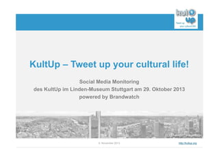 KultUp – Tweet up your cultural life!
Social Media Monitoring
des KultUp im Linden-Museum Stuttgart am 29. Oktober 2013
powered by Brandwatch

6. November 2013

http://kultup.org

 