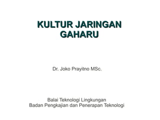 Kuliah 11
Dr. Joko Prayitno MSc.
KULTUR JARINGANKULTUR JARINGAN
GAHARUGAHARU
Balai Teknologi Lingkungan
Badan Pengkajian dan Penerapan Teknologi
 