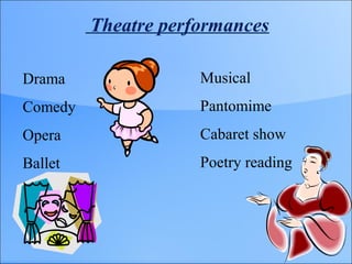 Theatre performances
Drama
Comedy
Opera
Ballet
Musical
Pantomime
Cabaret show
Poetry reading
 