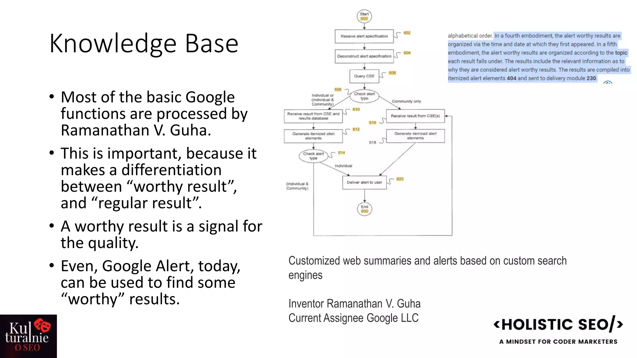 Knowledge Base
• Most of the basic Google
functions are processed by
Ramanathan V. Guha.
• This is important, because it
makes a differentiation
between “worthy result”,
and “regular result”.
• A worthy result is a signal for
the quality.
• Even, Google Alert, today,
can be used to find some
“worthy” results.
Customized web summaries and alerts based on custom search
engines
Inventor Ramanathan V. Guha
Current Assignee Google LLC
 