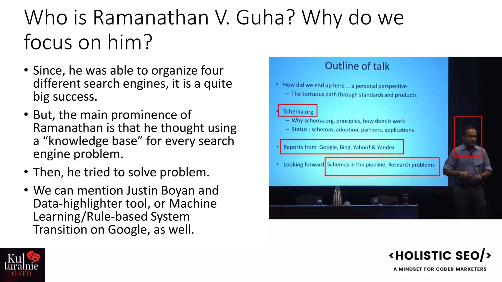 Who is Ramanathan V. Guha? Why do we
focus on him?
• Since, he was able to organize four
different search engines, it is a quite
big success.
• But, the main prominence of
Ramanathan is that he thought using
a “knowledge base” for every search
engine problem.
• Then, he tried to solve problem.
• We can mention Justin Boyan and
Data-highlighter tool, or Machine
Learning/Rule-based System
Transition on Google, as well.
 